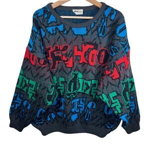 Vtg Old Town‎ XL 90s Graphic Knit Sweater Abstract Hip Hop Era Loud Streetwear